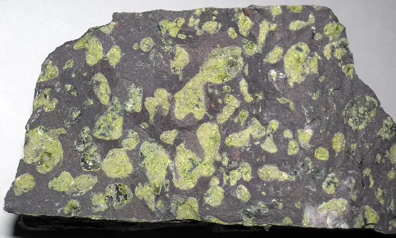 Dark basalt with light green mineral-filled gas bubbles