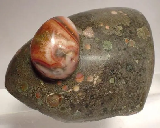 Photo: Robert M. Lavinsky, CC BY-SA 3.0 Thomsonite pebble from Minnesota's Lake Superior shore (not a Michigan specimen)