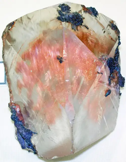 Native copper inside a calcite crystal, Central Mine, Keweenaw Peninsula, museum display