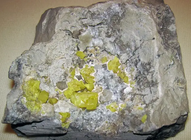 Yellow sulfur crystals with celestine, Maybee, Monroe County