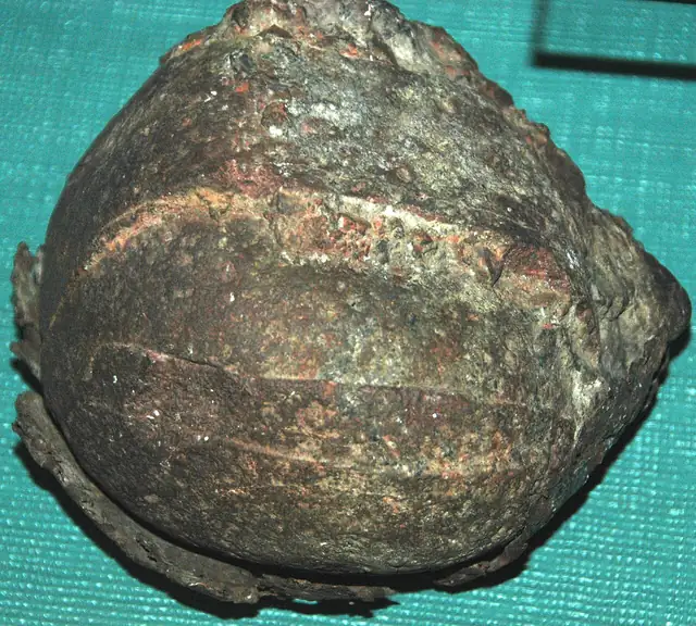 Native copper-coated cobble, Calumet and Hecla Mine, Calumet, museum display