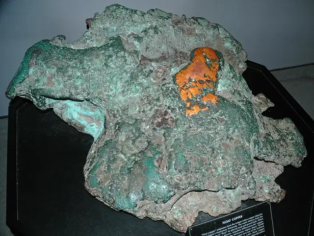 Glacial (float) copper boulder, near Houghton, museum display