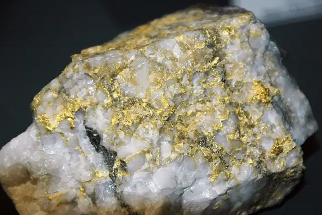 Gold in a quartz vein, Geraldton, Ontario, museum display (not a Michigan specimen)