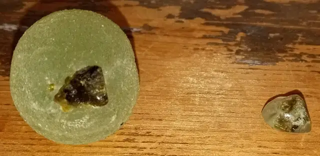 Raw and tumbled prehnite side by side (locality not given)