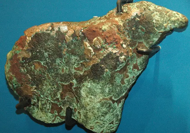 Copper-silver glacial cobble, Michigan, museum display